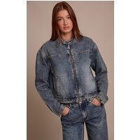 Vintage Blue Boxy Denim Racer Jacket, Vintage Wash Vintage Blue Boxy Denim Racer Jacket, Vintage Wash