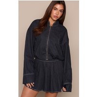 Indigo Bubble Hem Cropped Denim Bomber Jacket Indigo Bubble Hem Cropped Denim Bomber Jacket