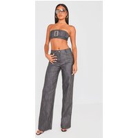 Black Washed Faux Leather Belted Straight Leg Trousers Black Washed Faux Leather Belted Straight Leg Trousers