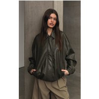 Khaki Embossed Back Faux Leather Biker Jacket
