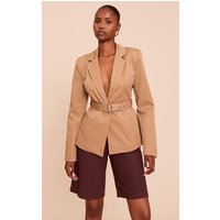 Beige Tie Waist Contrast Stitch Blazer Beige Tie Waist Contrast Stitch Blazer