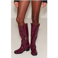 Burgundy Croc Patent Buckle Detail Knee High Boots