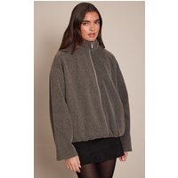 Charcoal Funnel Neck Ruched Sleeve Wool Bomber Jacket Charcoal Funnel Neck Ruched Sleeve Wool Bomber Jacket