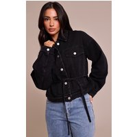Petite Black Quilted Tie Back Denim Jacket Petite Black Quilted Tie Back Denim Jacket