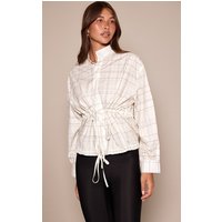 Cream Check Ruched Waist Tie Top