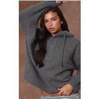 Charcoal Knitted Button Detail Oversized Hoodie