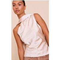 Beige Satin Asymmetric Scarf Detail Top