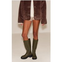 Khaki Wax PU Buckle Detail Knee High Chelsea Boot