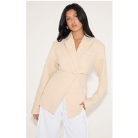 Beige Linen Look Tailored Ced Waist Blazer