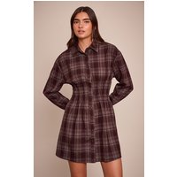 Brown Check Ced Waist Long Sleeve Shirt Dress Brown Check Ced Waist Long Sleeve Shirt Dress