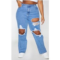 PrettyLittleThing Plus Mid Blue Ripped Straight Leg Jeans, Mid Blue Wash PrettyLittleThing Plus Mid Blue Ripped Straight Leg Jeans, Mid Blue Wash