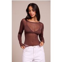 Petite Chocolate Sheer Knit Long Sleeve Top