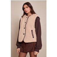 Beige Borg Faux Leather Trim Gilet