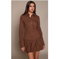Deep Chocolate Button Down Puffball Detail Shirt Dress