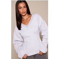 Petite Ash Grey V Neck Ced Waist Sweatshirt