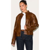 Chocolate Faux Leather Washed Boxy Biker Jacket