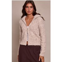 Beige Marl Zip Through Cardigan Sweater, True Beige