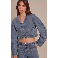 Vintage V Neck Curved Hem Cropped Denim Jacket