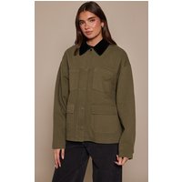 Khaki Faux Suede Contrast Collar Pocket Detail Jacket