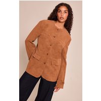 Tan Collarless Button Detail Faux Suede Jacket Tan Collarless Button Detail Faux Suede Jacket
