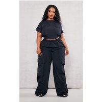 Plus Black Nylon Wide Leg Cargo Trousers