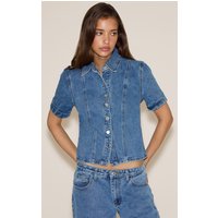 Mid Blue Wash Short Sleeve Fitted Denim Shirt Mid Blue Wash Short Sleeve Fitted Denim Shirt
