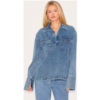 Vintage Blue Long Sleeve Slouchy Denim Rugby Shirt, Vintage Wash Vintage Blue Long Sleeve Slouchy Denim Rugby Shirt, Vintage Wash