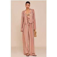 Beige Chiffon Striped Wide Leg Trousers