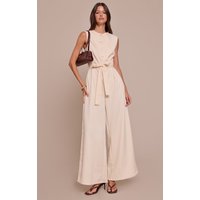 Buttercream Woven Button Tie Belt Wide Leg Jumpsuit, Pale Yellow