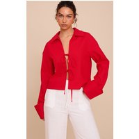Tomato Tie Front Linen Look Collar Blazer, Tomato Red Tomato Tie Front Linen Look Collar Blazer, Tomato Red