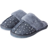 Slippers Gravity Foil Star Print Faux Suede Mule Slippers with Faux Fur Lining & Trim in Grey – –