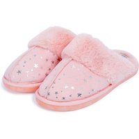 Slippers Gravity Foil Star Print Faux Suede Mule Slippers with Faux Fur Lining & Trim in Light Pink – –
