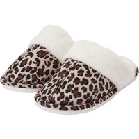 Slippers Bogota Faux Suede Mule Slippers with Faux Fur Lining & Trim in Beige Leopard – –
