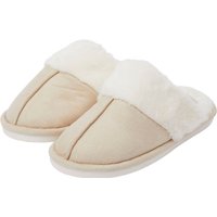 Slippers Rio Faux Suede Mule Slippers with Faux Fur Lining & Trim in Beige – –