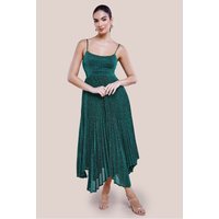 Tie Back Pleated Lurex Skater Midi Dress – Emerald by Goddiva