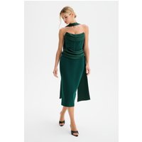 Lavish Alice ZENDEYA Satin Draped Corset Midi Dress with Neck Scarf in Emerald Green Lavish Alice ZENDEYA Satin Draped Corset Midi Dress with Neck Scarf in Emerald Green