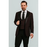 Burgundy Piece Tuxedo with Peak Lapel & Black Trousers Burgundy Piece Tuxedo with Peak Lapel & Black Trousers