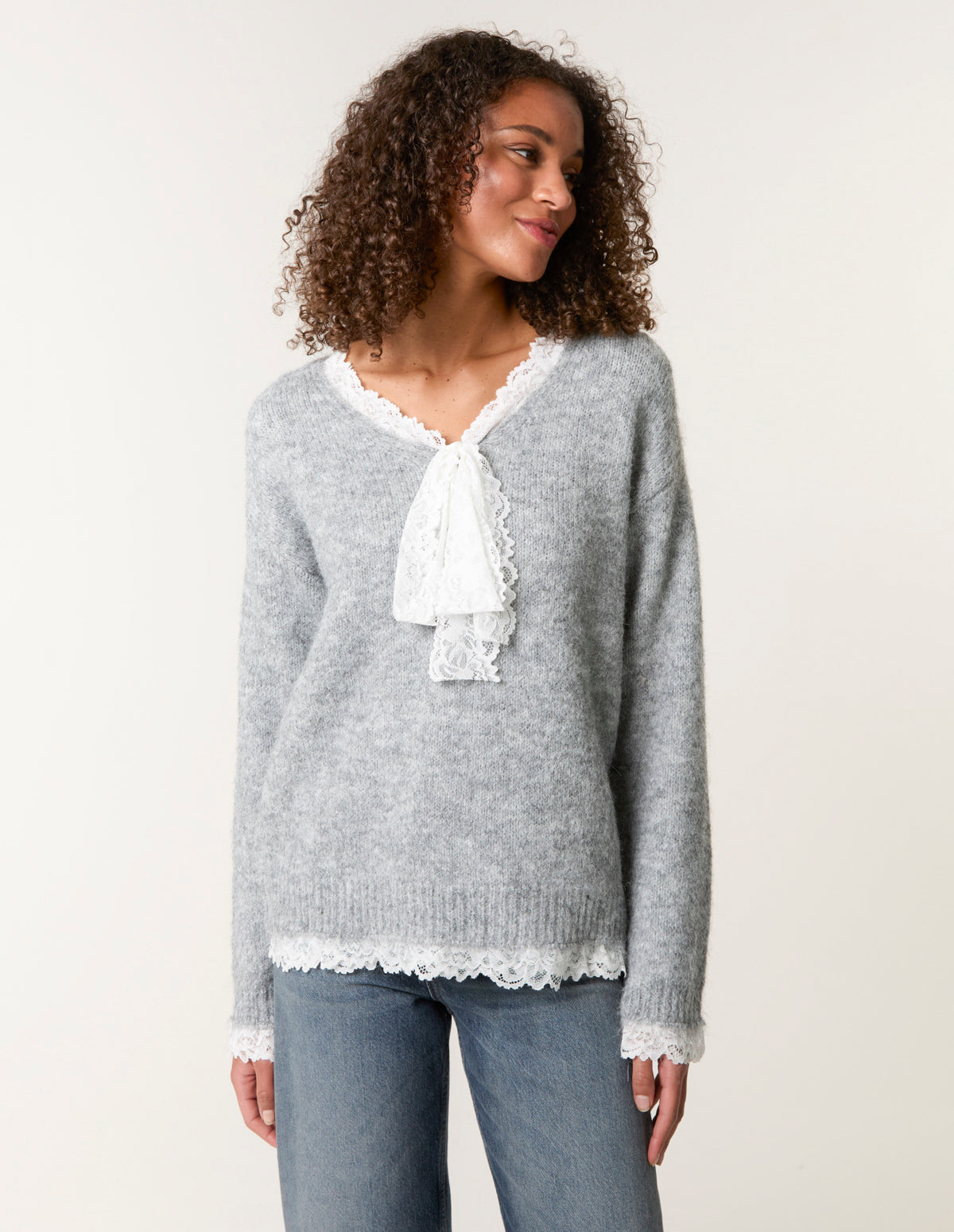 Lace Trim Pussybow Jumper – SM GREY Lace Trim Pussybow Jumper – SM GREY