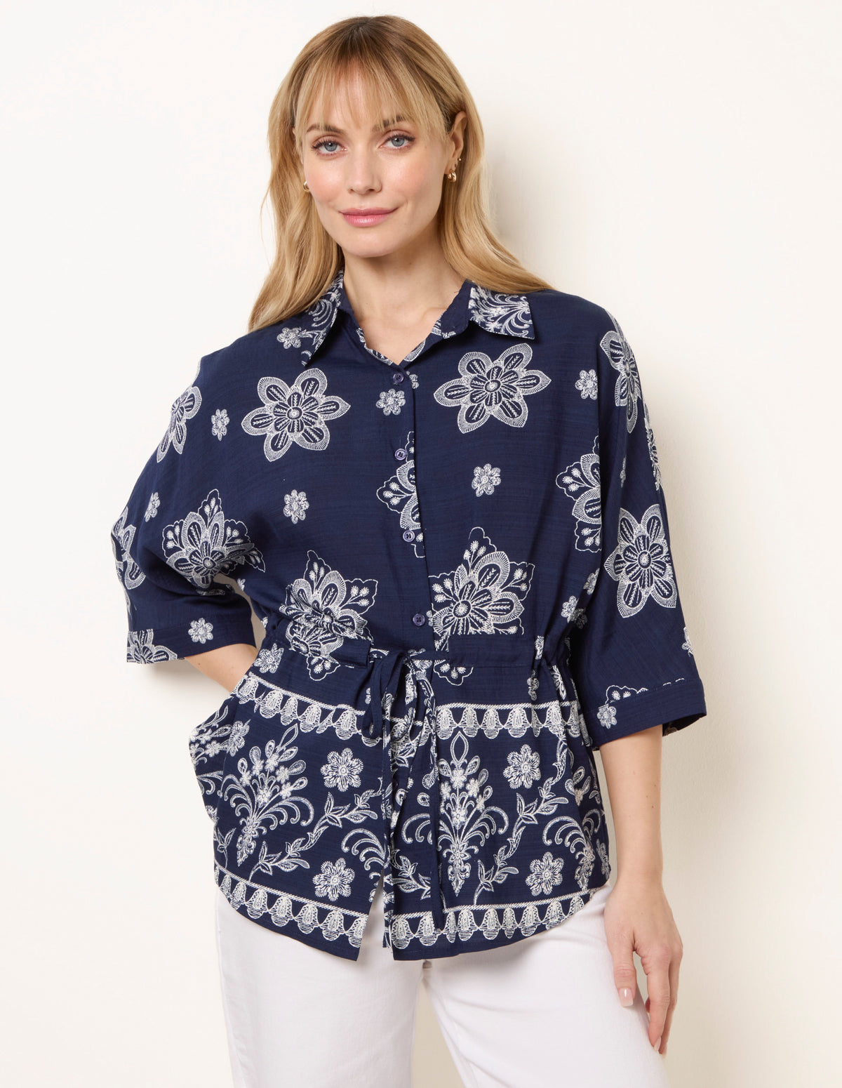 Floral Sleeve Tie Waist Shirt – L NAVYIVORY Floral Sleeve Tie Waist Shirt – L NAVYIVORY