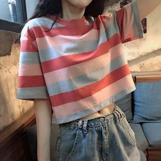 Short-Sleeve Striped Cropped Shirt Pink