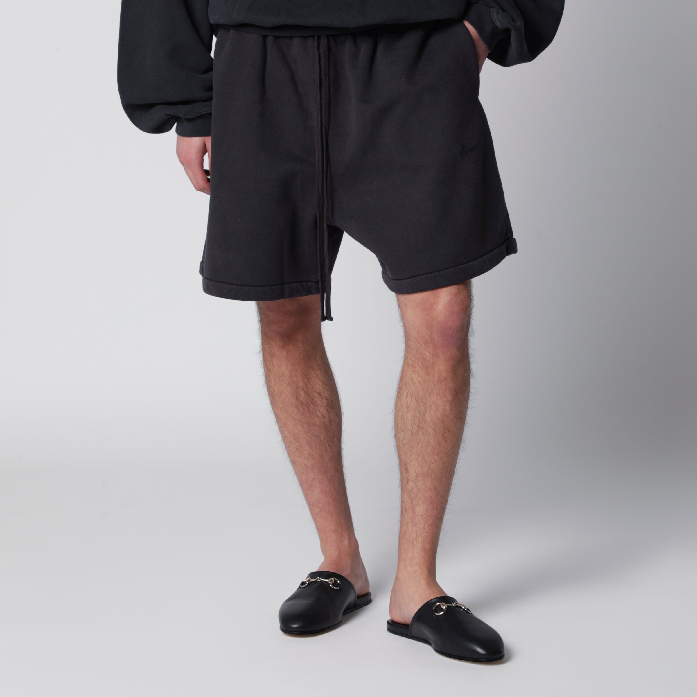 Black cotton shorts with logo embroidery