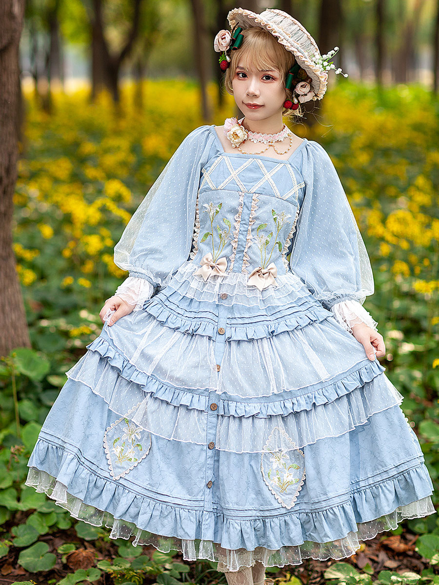 Sweet Lolita Blouses Infanta Ruffles Bows Long Sleeves Lolita Top Top Jacquard Baby Blue Lolita Shirt
