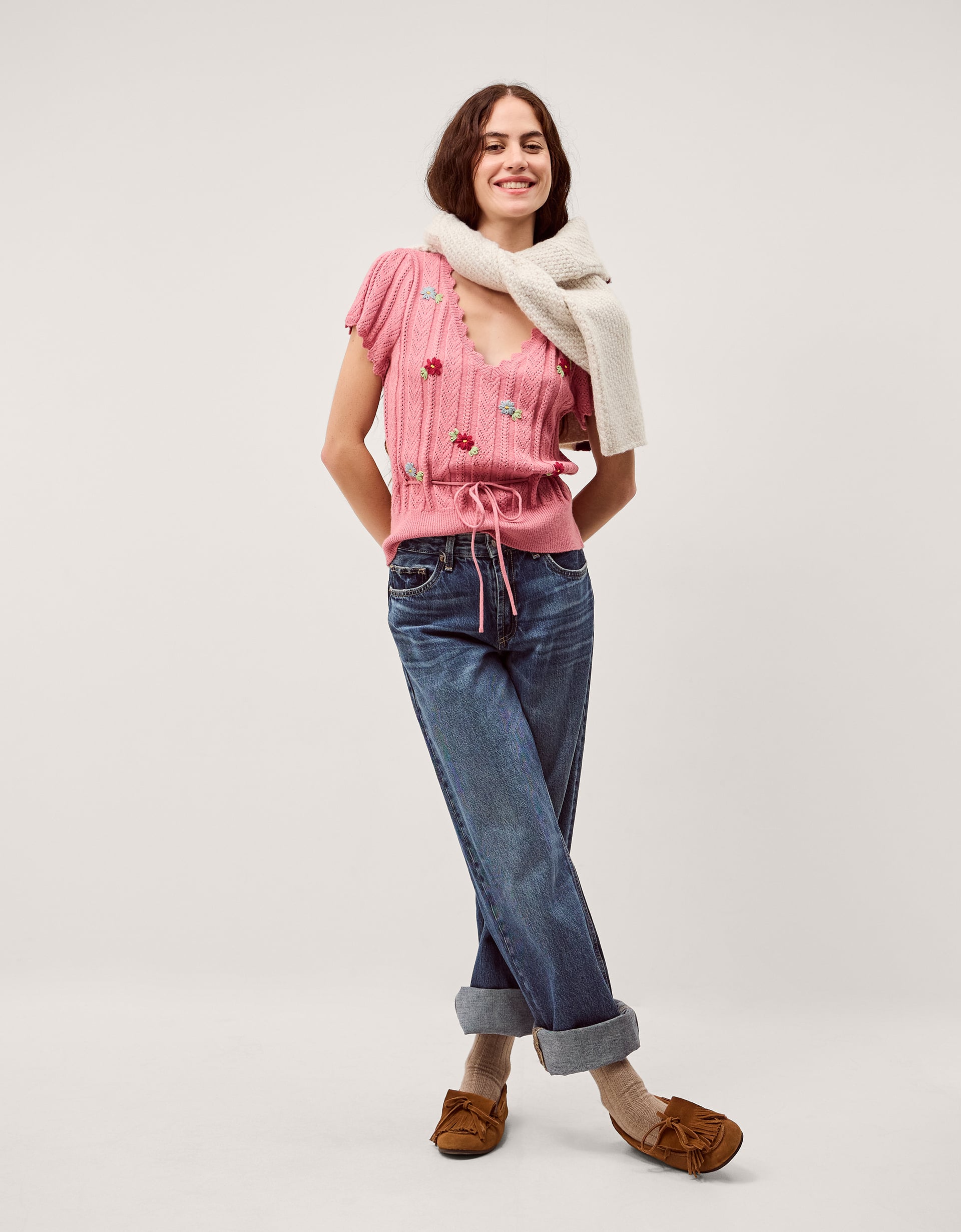 Edie Floral Embroidered Short Sleeve Jumper Pink