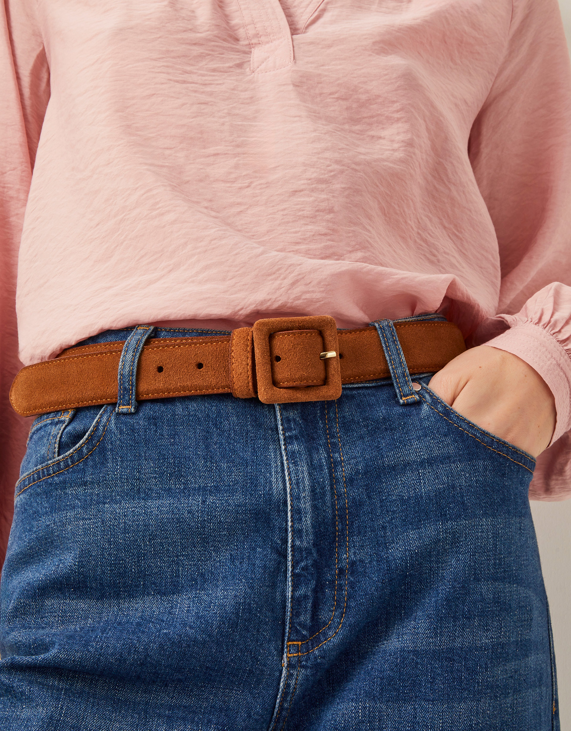 Square Buckle Suede Belt Tan