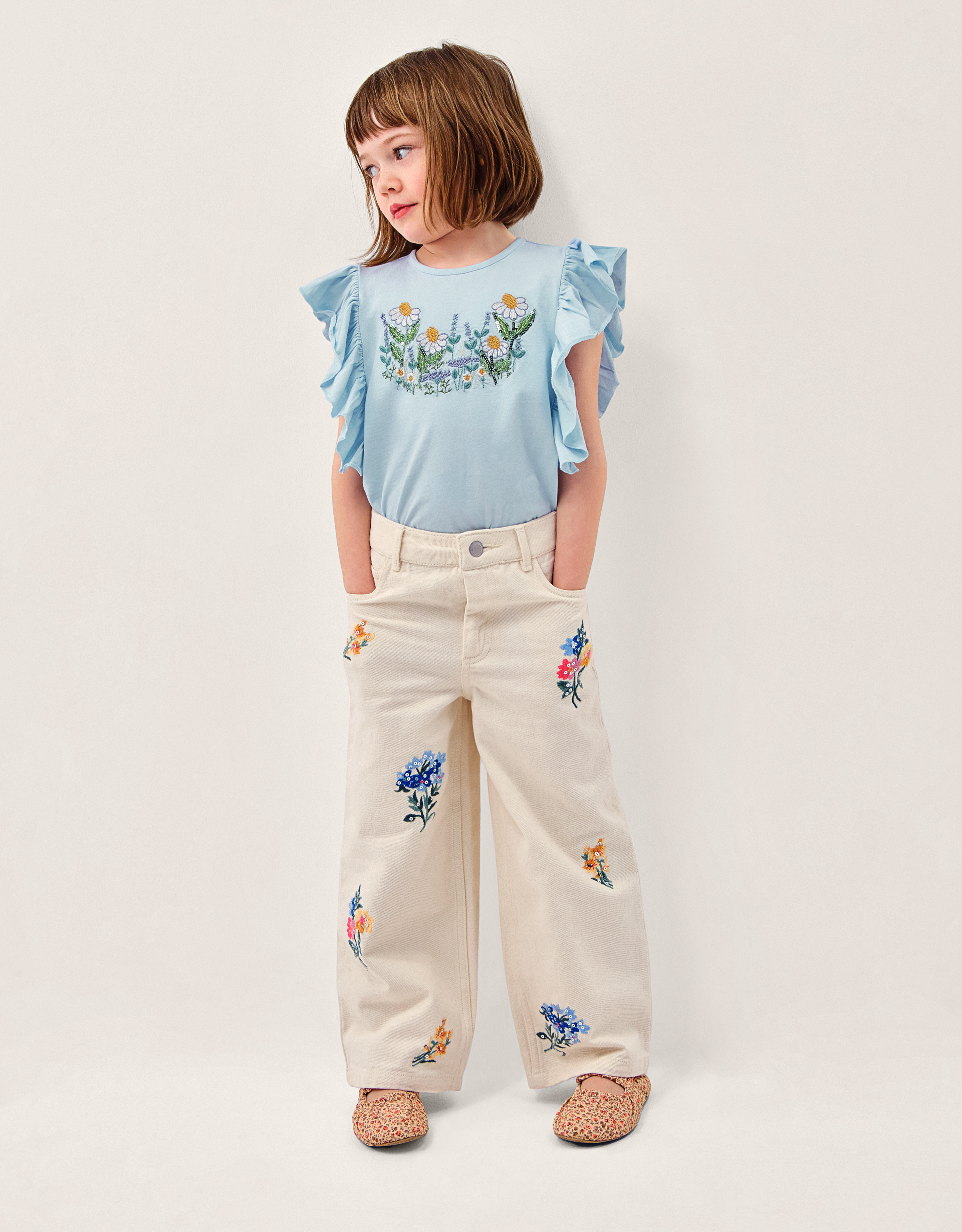 Sequin Floral Embroidered Wide Leg Jeans Ivory
