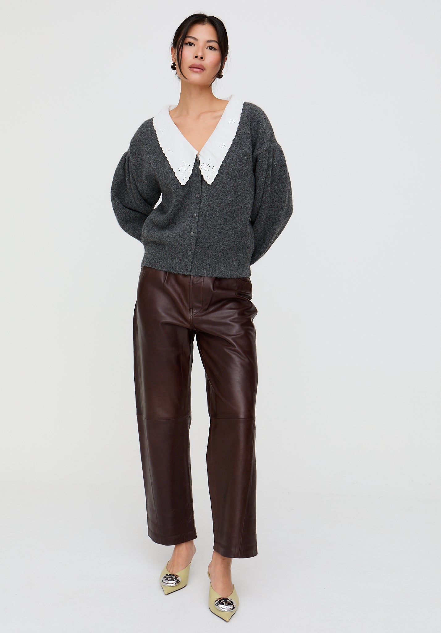 Suzzanna Embroidered Collar Cardigan In Charcoal Grey