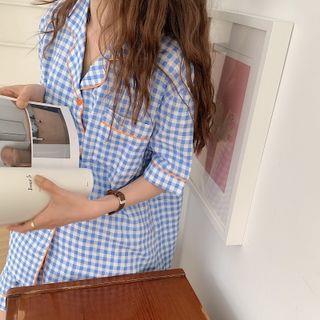 Pajama Set: Short-Sleeve Gingham Shirt + Shorts Gingham – Blue