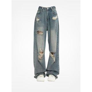 High Waist Distressed Wide Leg Jeans Blue