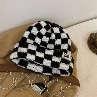 Checker Chunky Knit Beanie Black