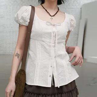 Puff Sleeve Scoop Neck Plain Slim-Fit Shirt White